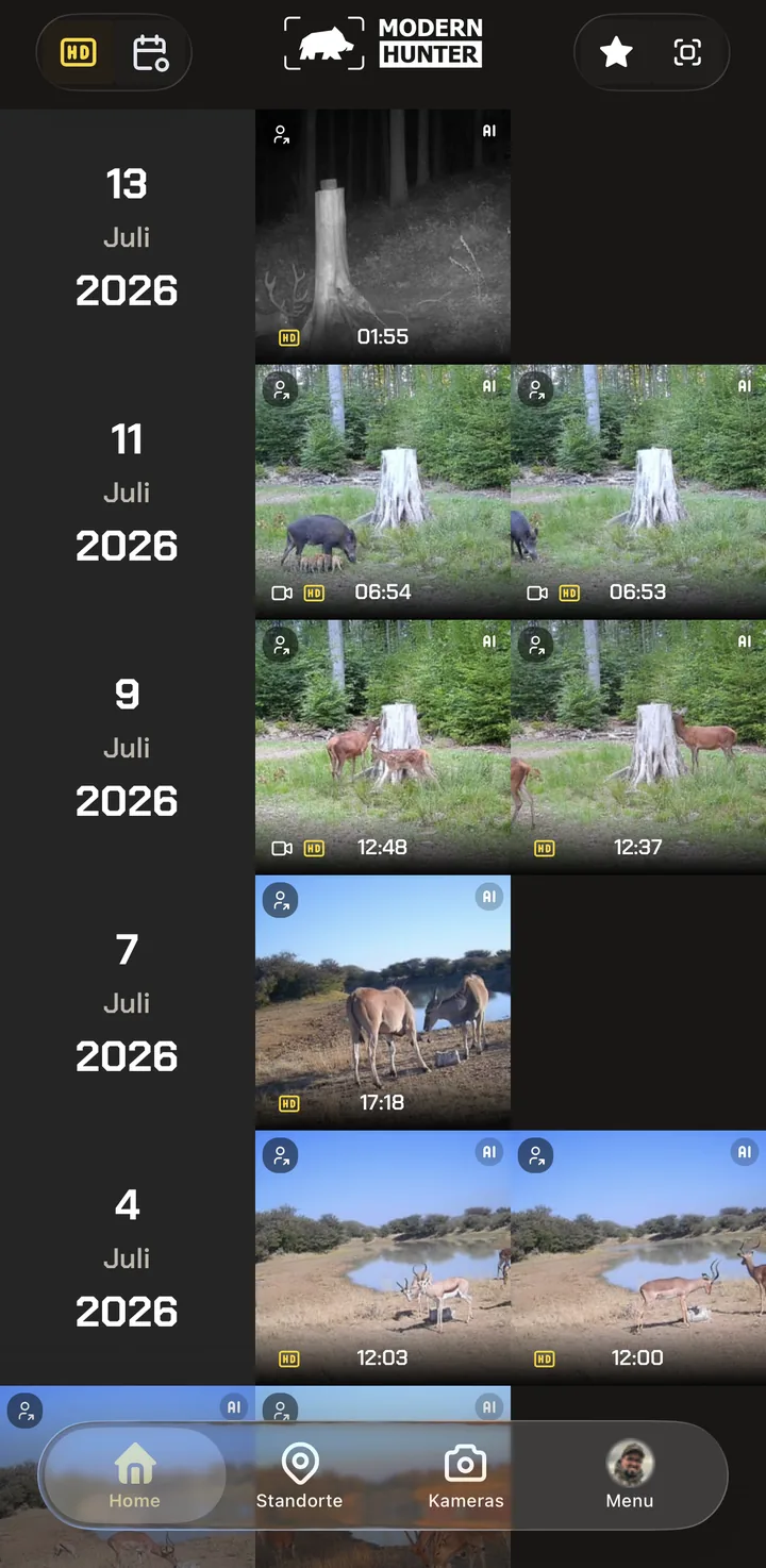 Startbildschirm mit aktivem HD-Filter, nur Aufnahmen mit HD-Version