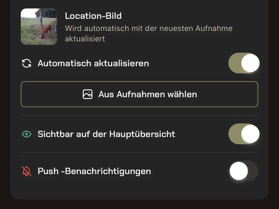 Standorteinstellungen mit Vorschaubild, Sichtbarkeit und Push-Benachrichtigungen