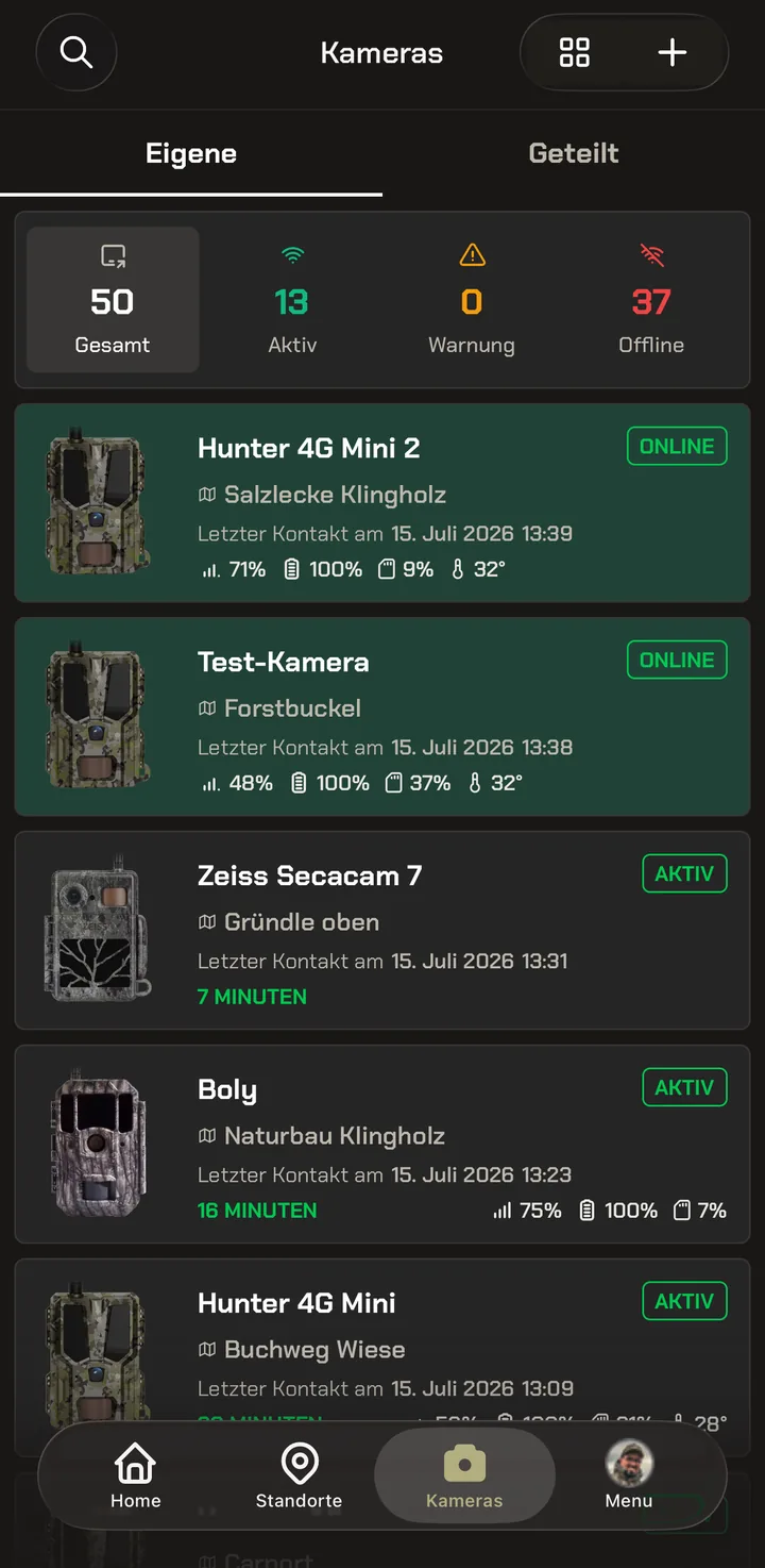 Kameraübersicht in der Listenansicht mit letztem Kontakt je Kamera