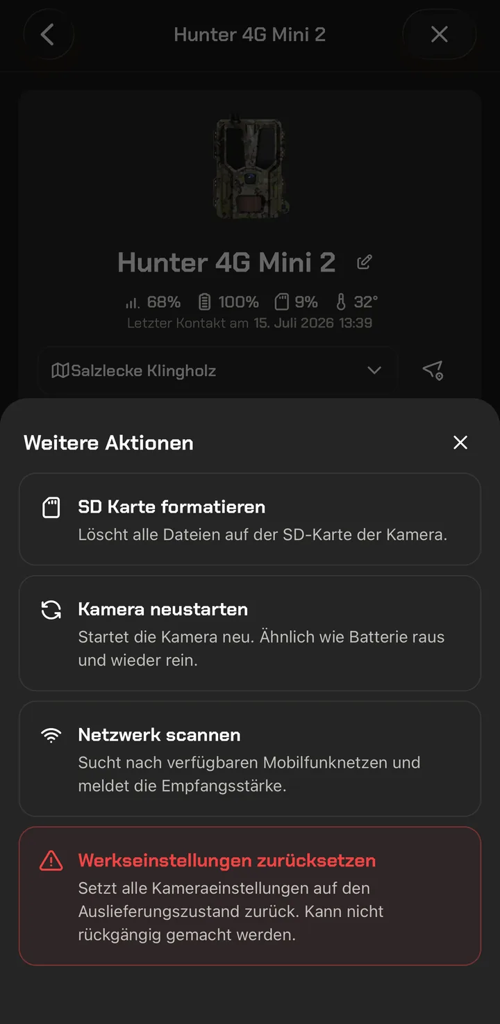 Weitere Aktionen: SD-Karte formatieren, Kamera neustarten, Netzwerk scannen