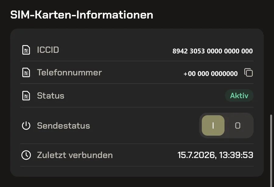 SIM-Karten-Informationen mit ICCID, Rufnummer und Status, Kennungen unkenntlich gemacht