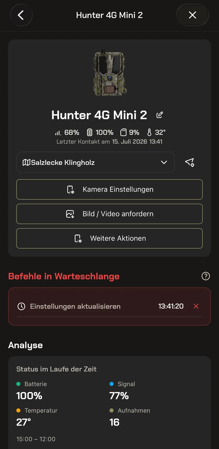 Kamera-Detailseite mit einem Befehl in der Warteschlange