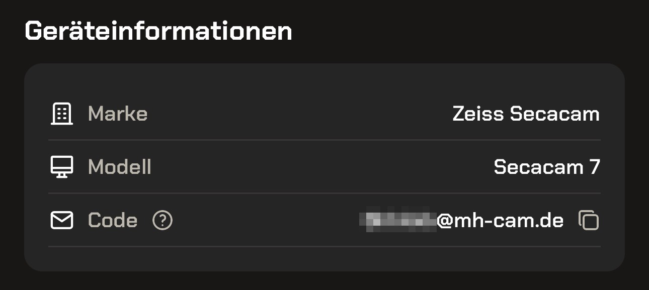 Modernhunter App: Bereich Geräteinformationen mit Marke, Modell und der individuellen E-Mail-Adresse der Kamera samt Copy-Symbol daneben