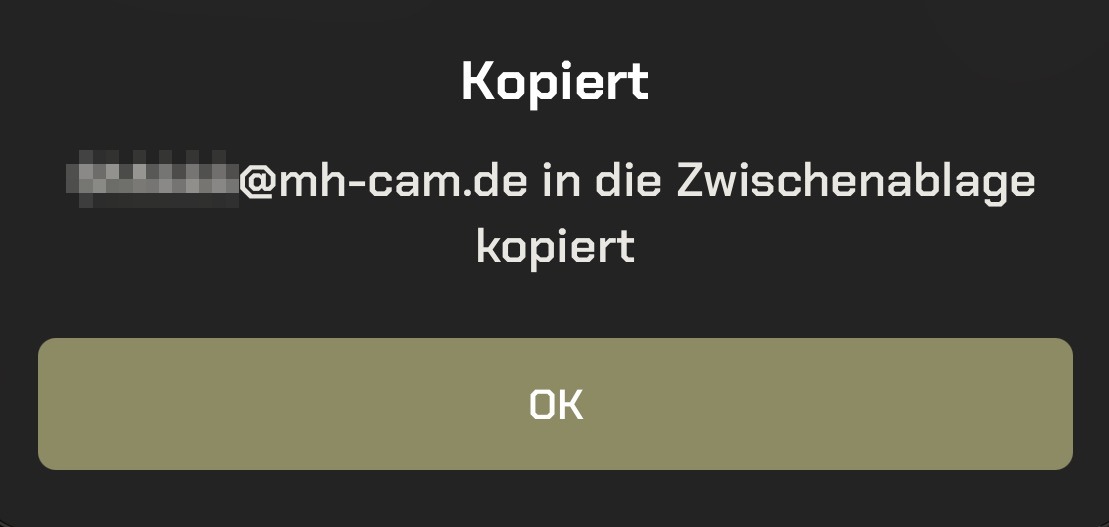 Modernhunter App: Meldung, dass die E-Mail-Adresse der Kamera in die Zwischenablage kopiert wurde