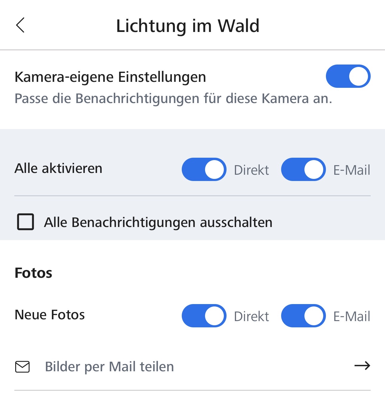 Zeiss Secacam App: Benachrichtigungen der Kamera mit aktivem E-Mail-Schalter bei Neue Fotos und der Zeile Bilder per Mail teilen