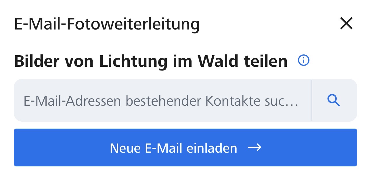 Zeiss Secacam App: Dialog E-Mail-Fotoweiterleitung mit Suchfeld und dem Button Neue E-Mail einladen