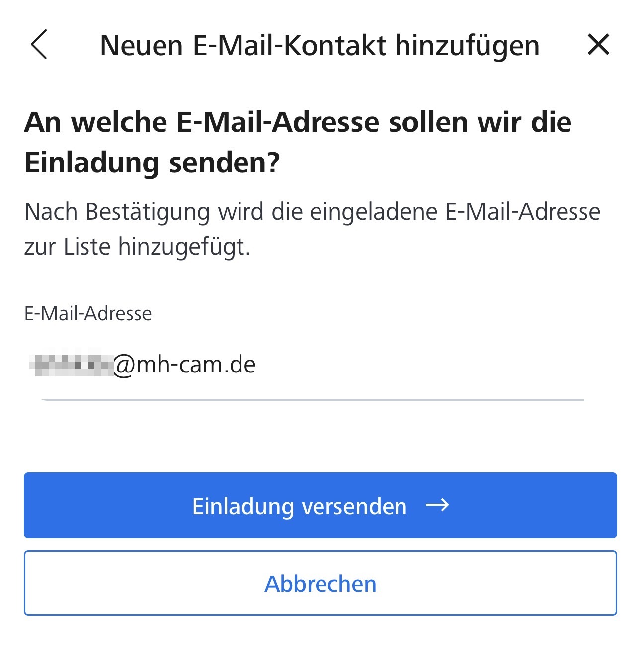 Zeiss Secacam App: Dialog Neuen E-Mail-Kontakt hinzufügen mit eingetragener Adresse und dem Button Einladung versenden