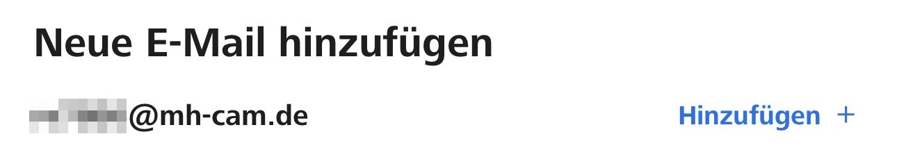 Zeiss Secacam App: Bereich Neue E-Mail hinzufügen mit der bestätigten Kamera-Adresse und dem Button Hinzufügen